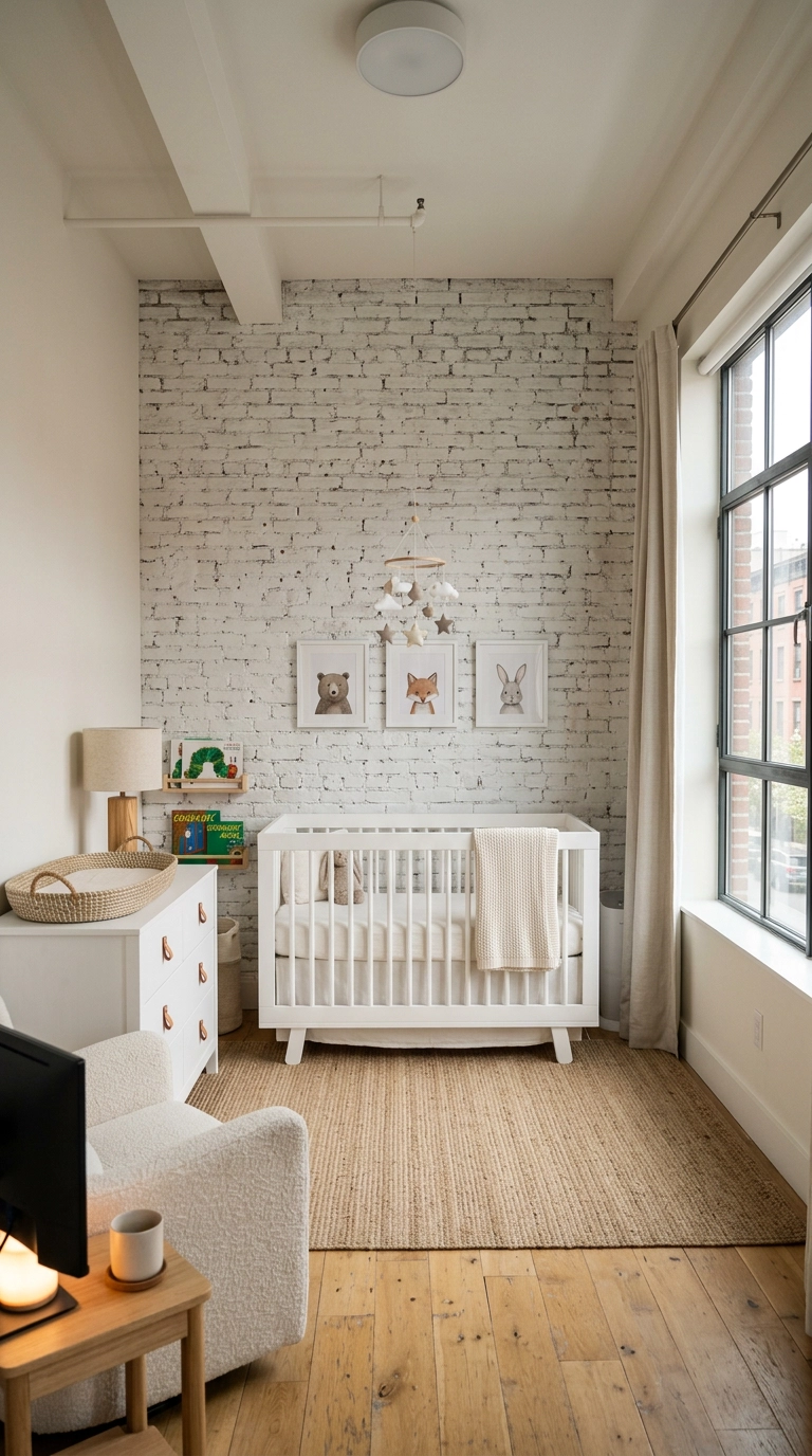 Whitewashed exposed brick accent wall in a nursery with visible brick texture