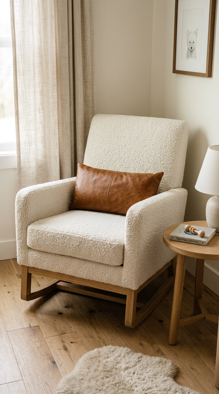 Ivory boucle glider chair with white oak legs and one lumbar pillow