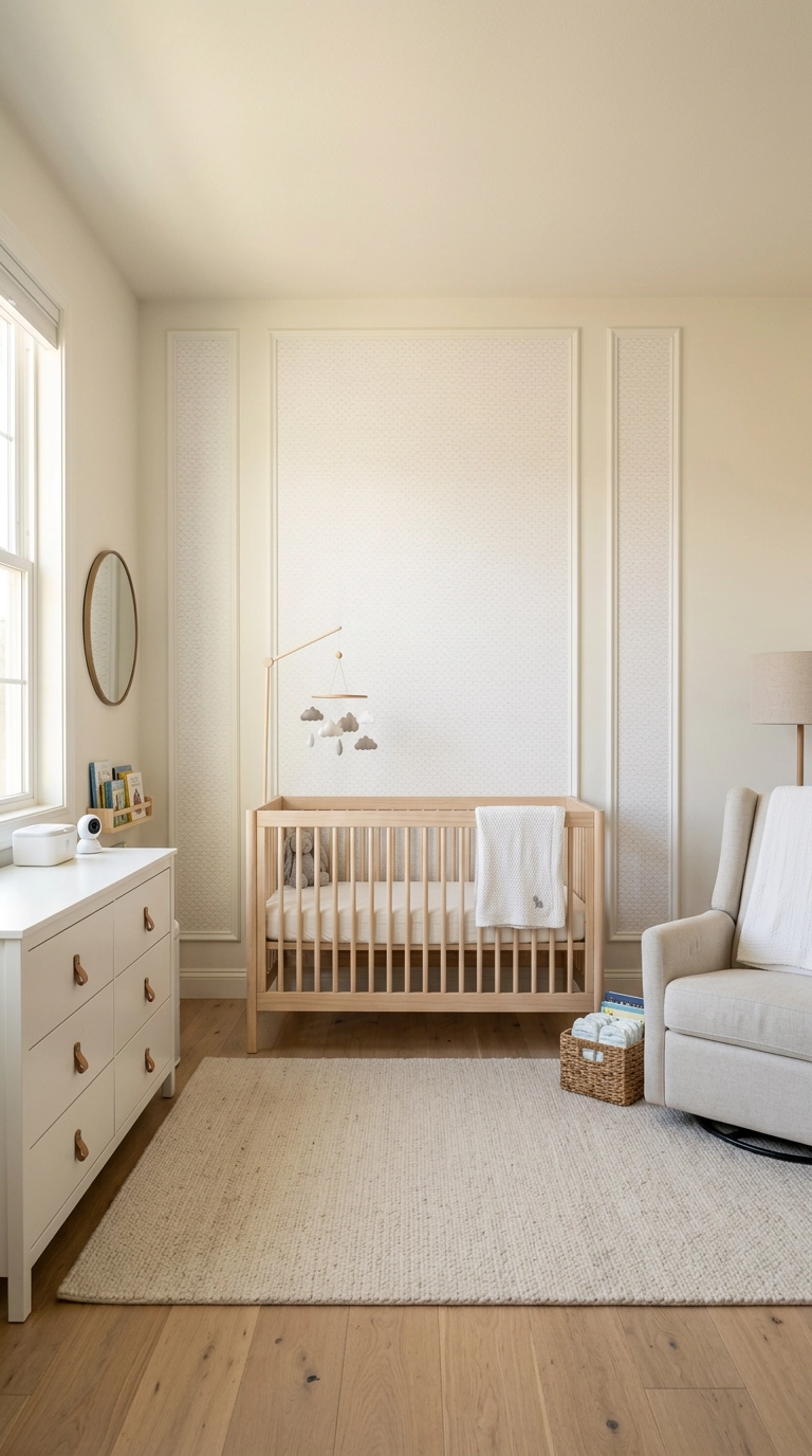 Small textured white wallpaper panel framed with molding behind a nursery crib