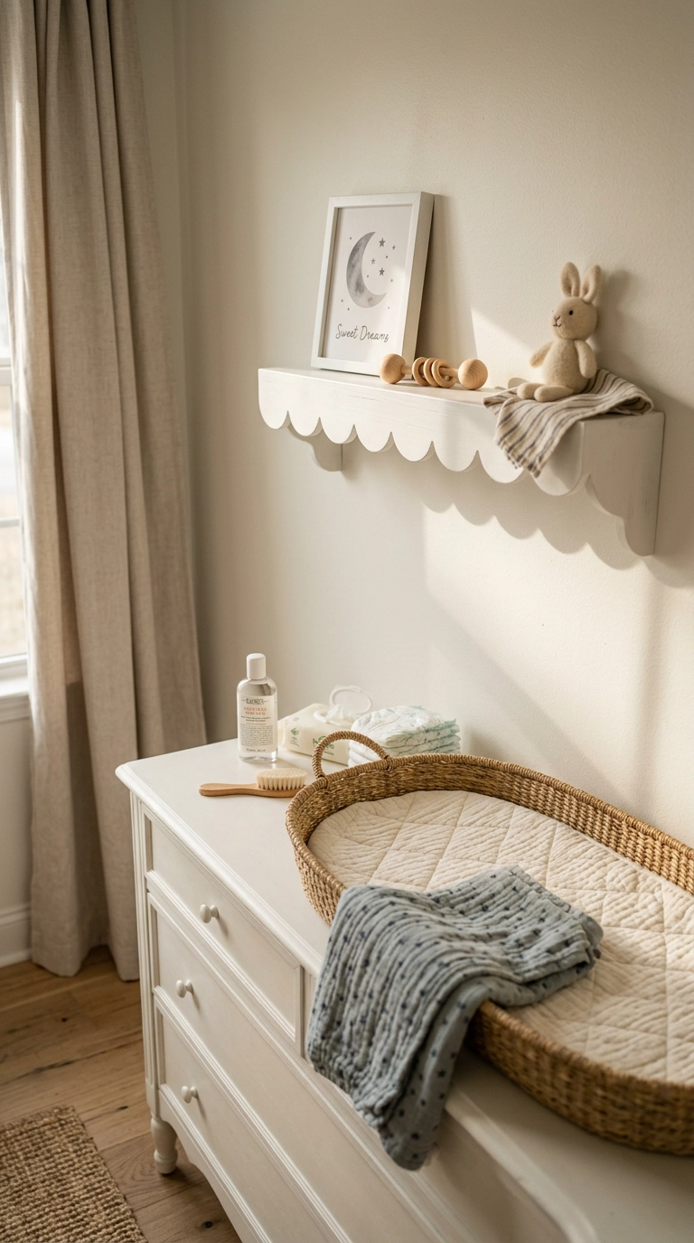 White scalloped-edge floating shelf above a nursery changing table