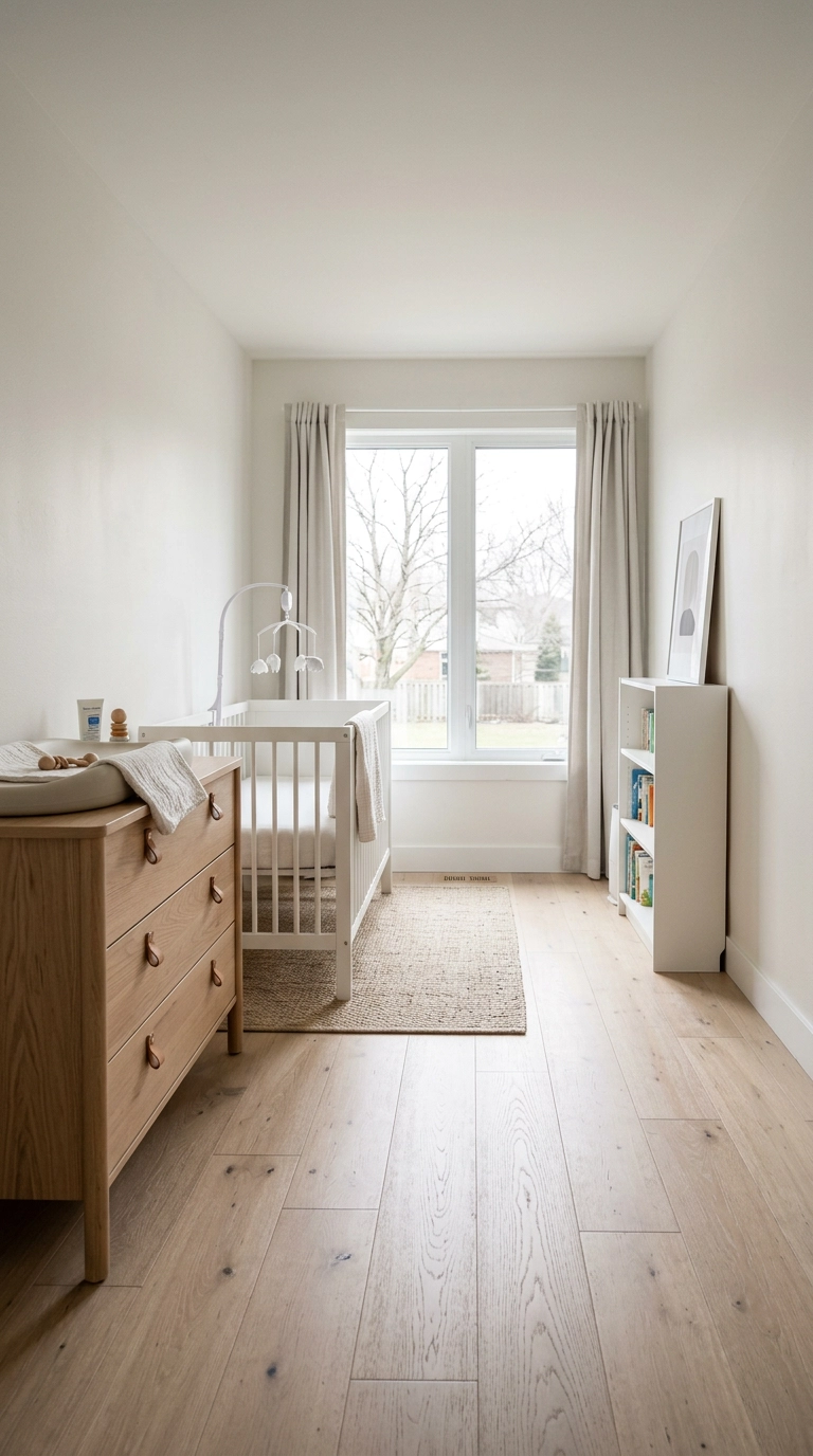Scandinavian-style all-white nursery grounded by one white oak dresser