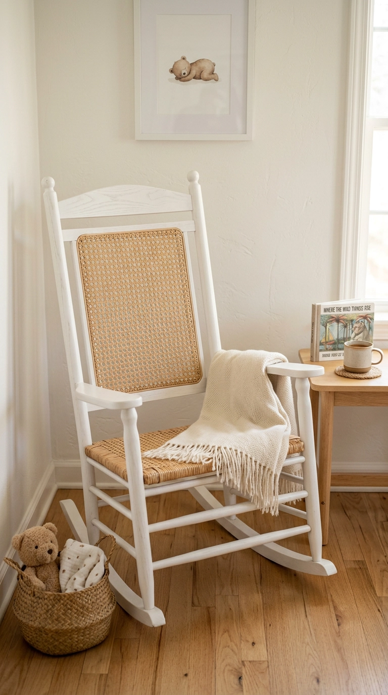 White painted wood rocking chair with natural cane webbing