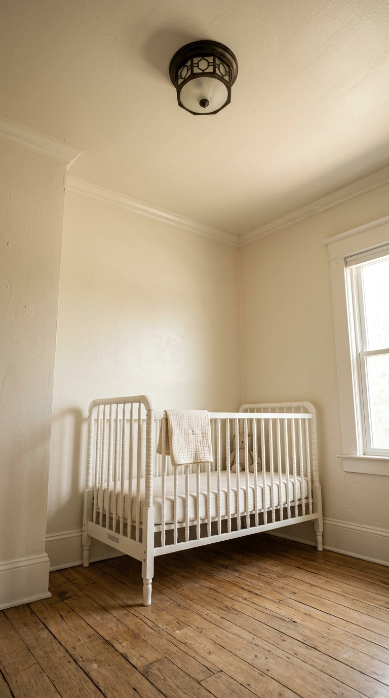 Small nursery with bone-white paint applied to both walls and ceiling