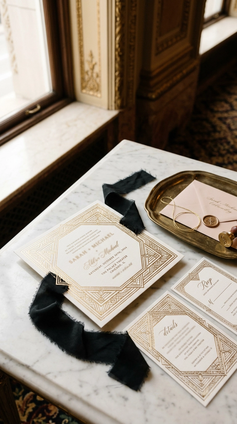 Gold geometric-bordered wedding invitation suite displayed on a marble surface