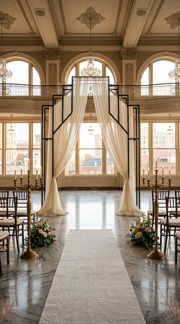 Black geometric metal ceremony arch with sheer drapery in a hotel ballroom