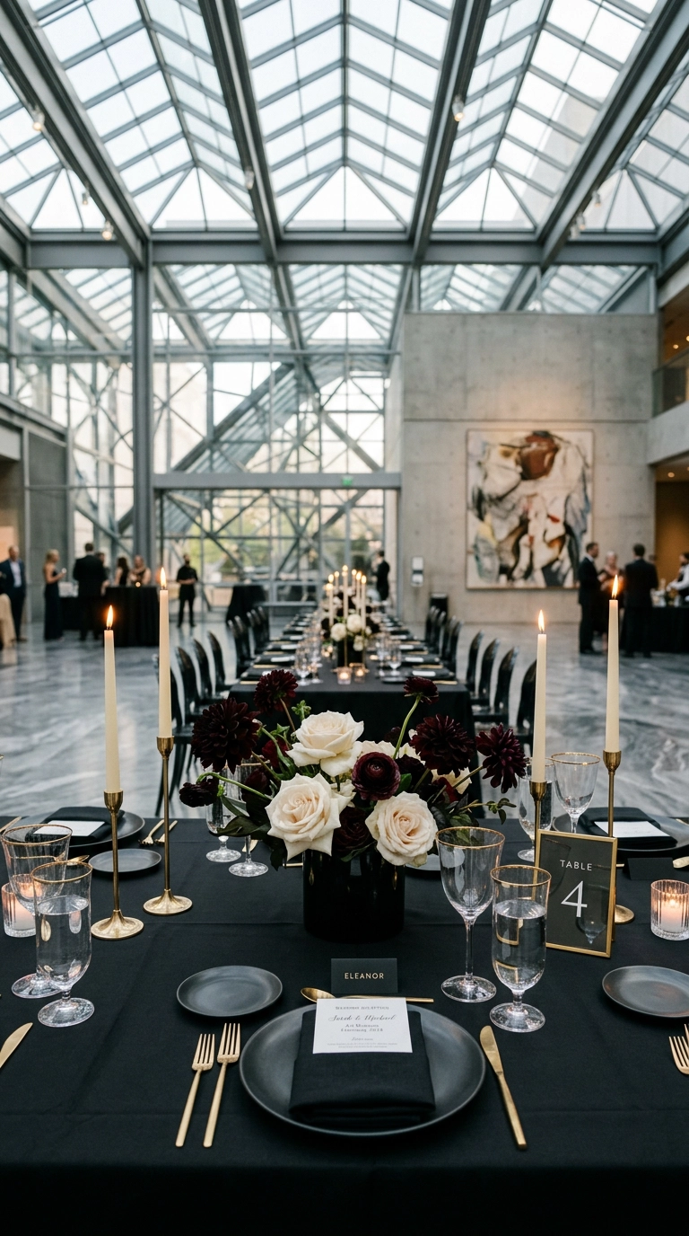 Ivory and burgundy-black floral centerpiece in a black lacquer vase