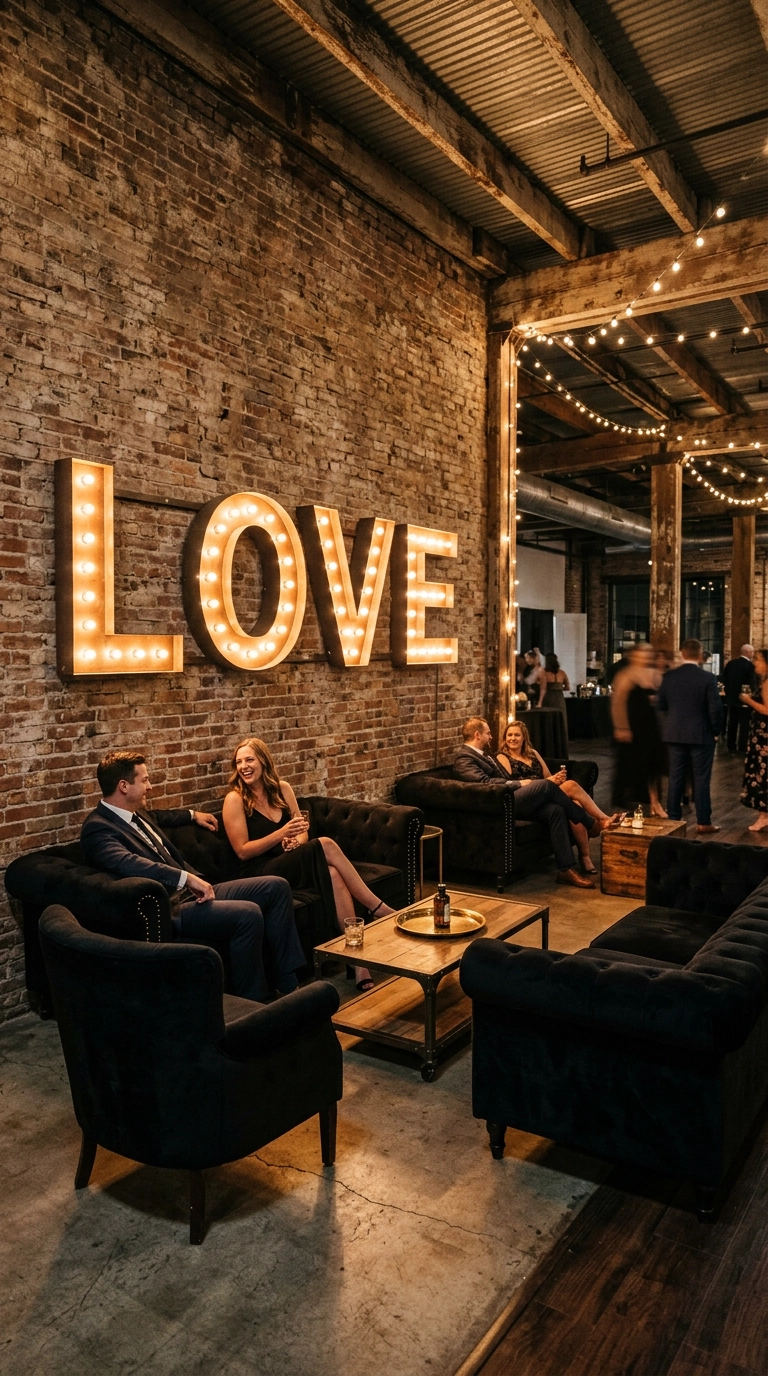 Marquee love letter lights against an exposed brick wall in a loft venue