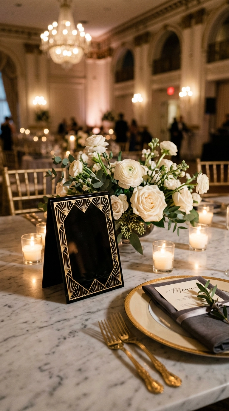 Black acrylic table number stand with a gold geometric fan border