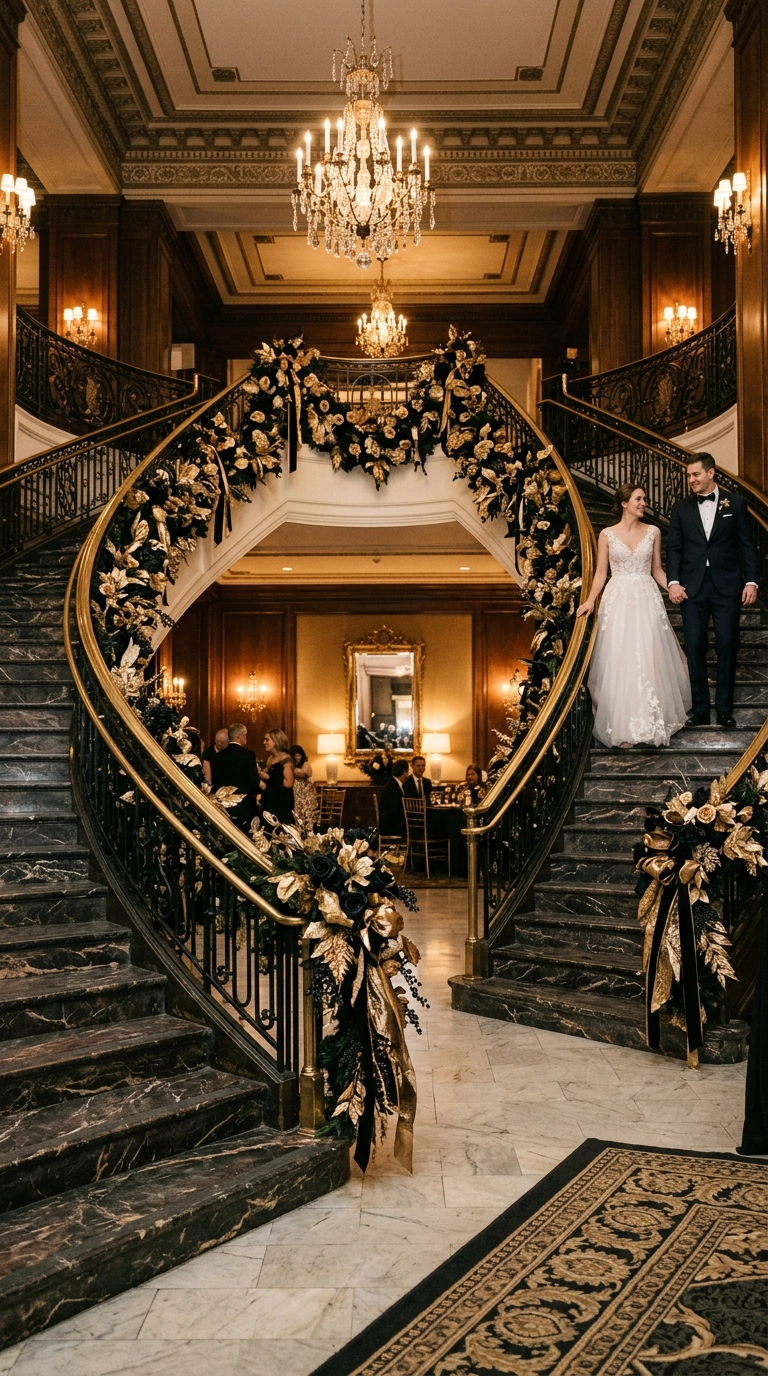 Gold and black floral garland draped along a grand double staircase railing