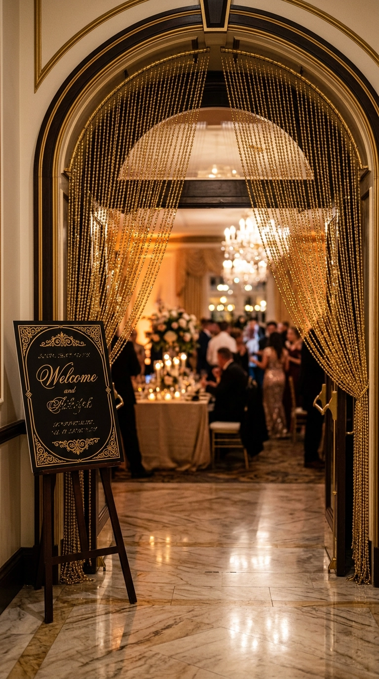 Gold beaded curtain hanging in a reception entrance doorway
