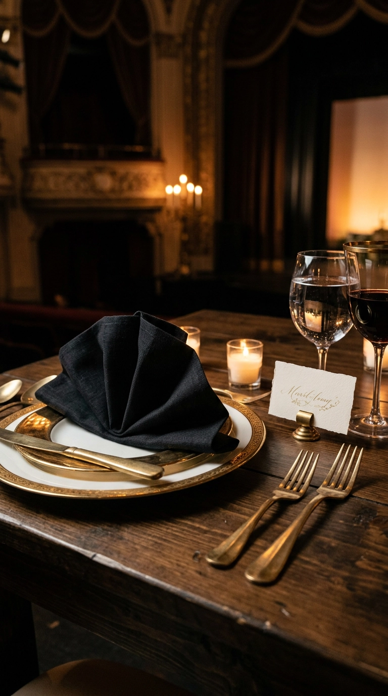 Gold-rimmed charger plate with a fan-folded black napkin place setting