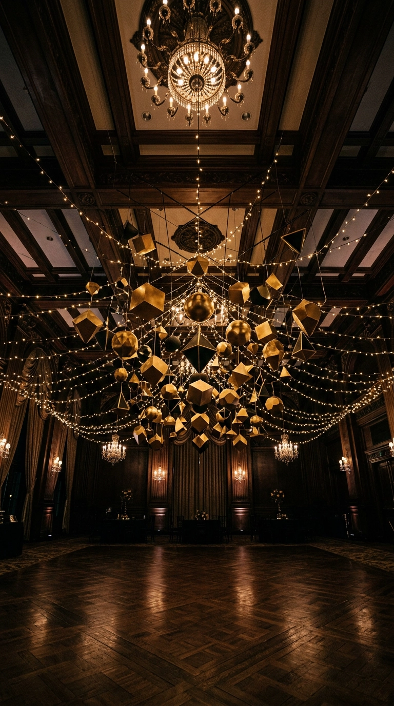 Hanging gold and black geometric shapes suspended above a ballroom dance floor