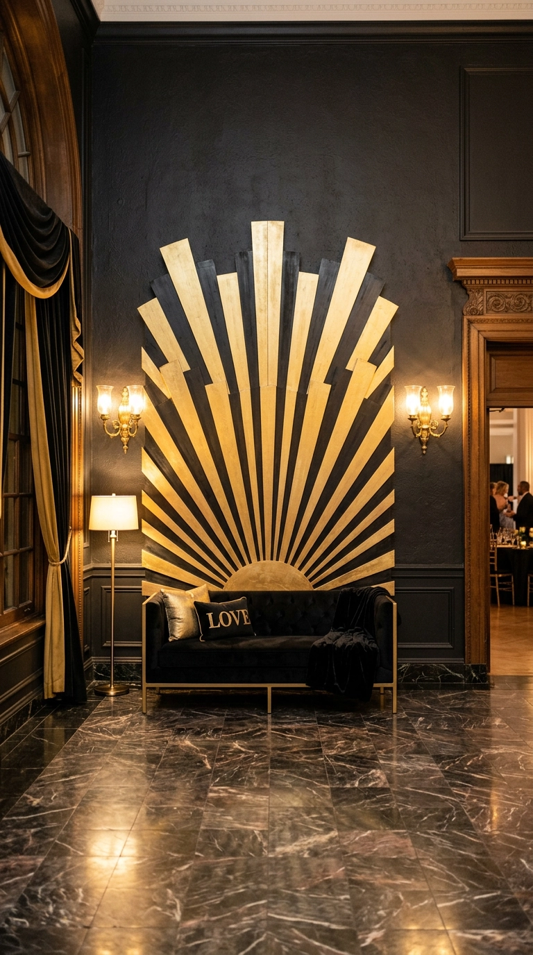 Gold and black sunburst fan photo backdrop with a velvet bench