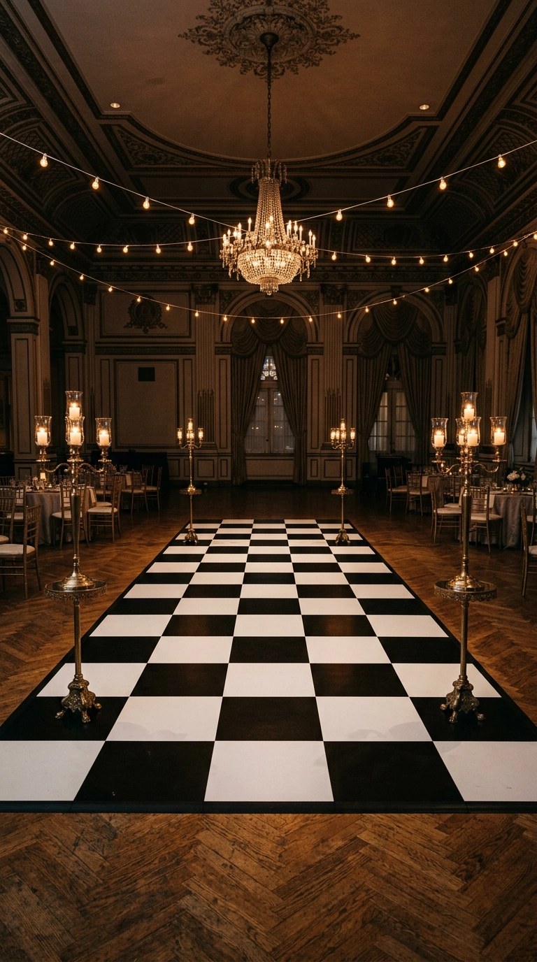 Black and white checkerboard dance floor decal in a grand ballroom