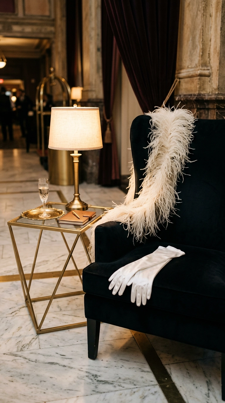 Black velvet chair styled with an ivory feather boa and gold side table