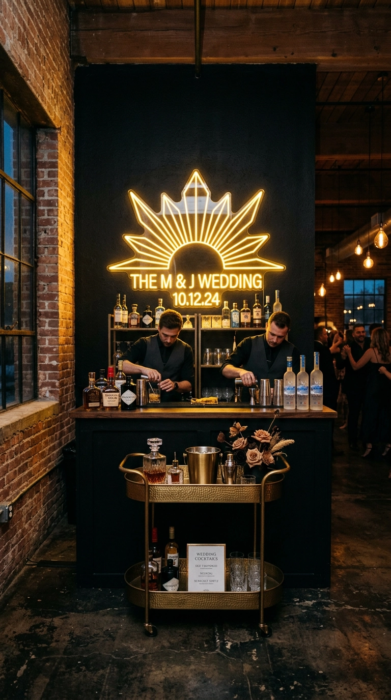 Gold neon geometric sunburst sign glowing behind a wedding reception bar