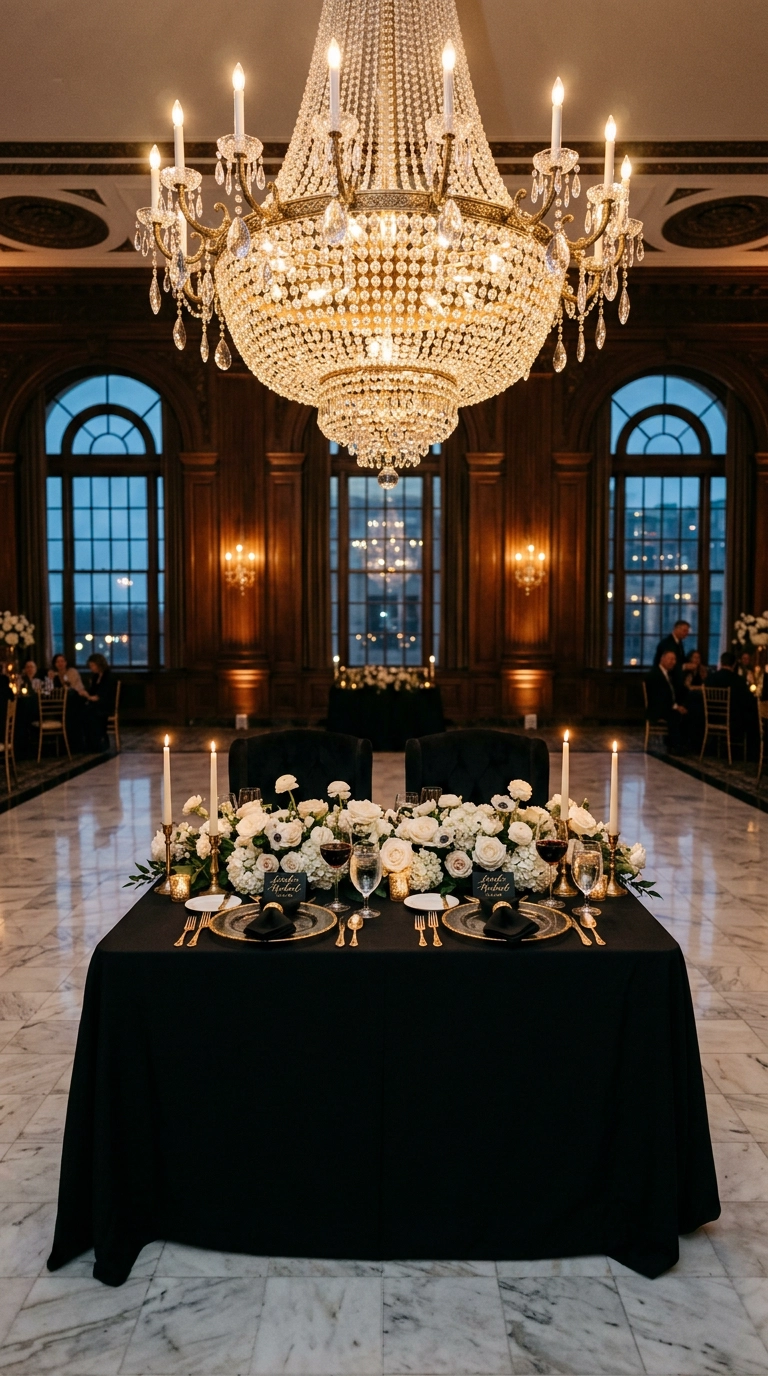 Crystal chandelier hanging low above a black and gold sweetheart table