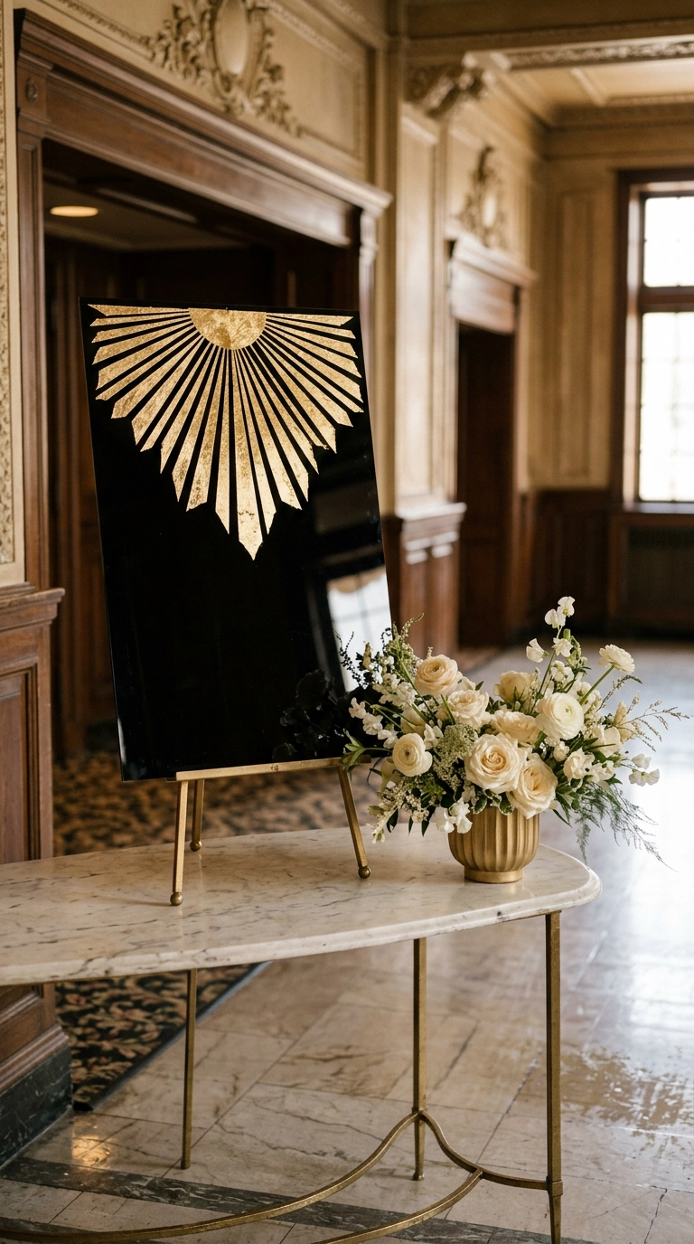 Black acrylic welcome sign with a gold leaf sunburst fan motif on an easel
