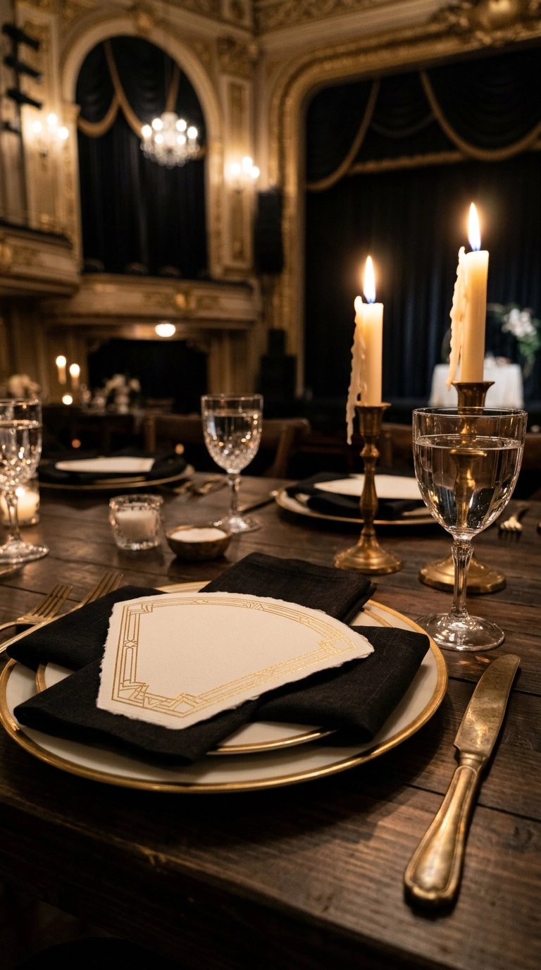 Fan-shaped ivory menu card with a gold geometric border at a place setting