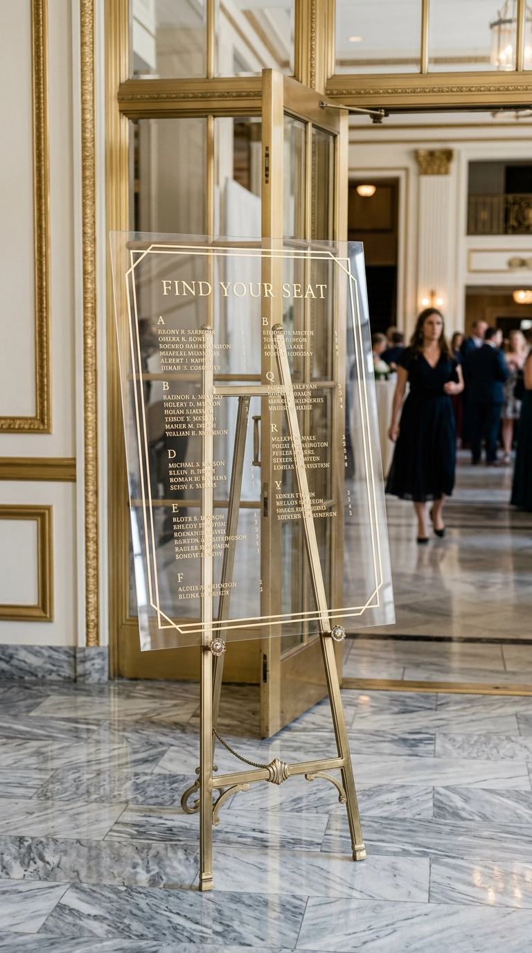 Clear acrylic seating chart with a gold geometric frame on a brass easel