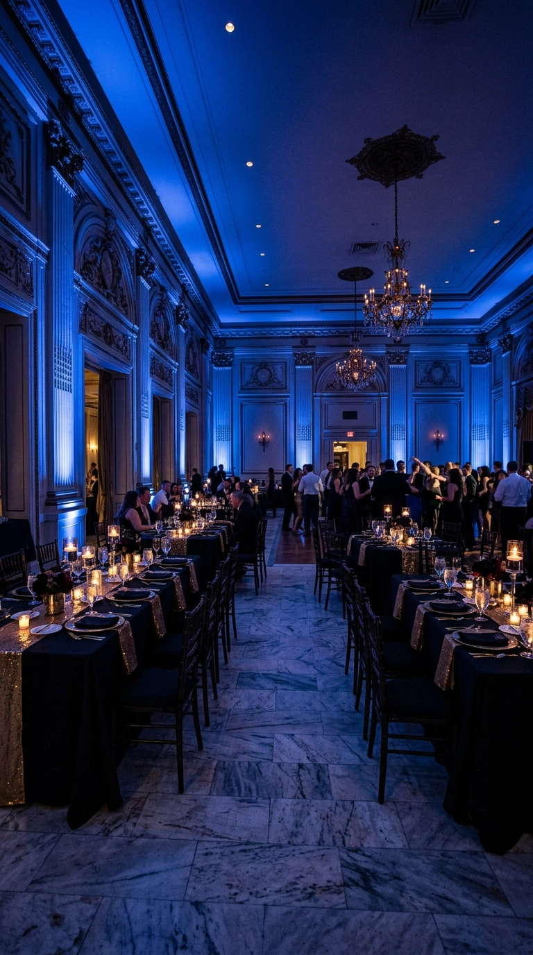 Sapphire blue uplighting washing the perimeter walls of a grand ballroom