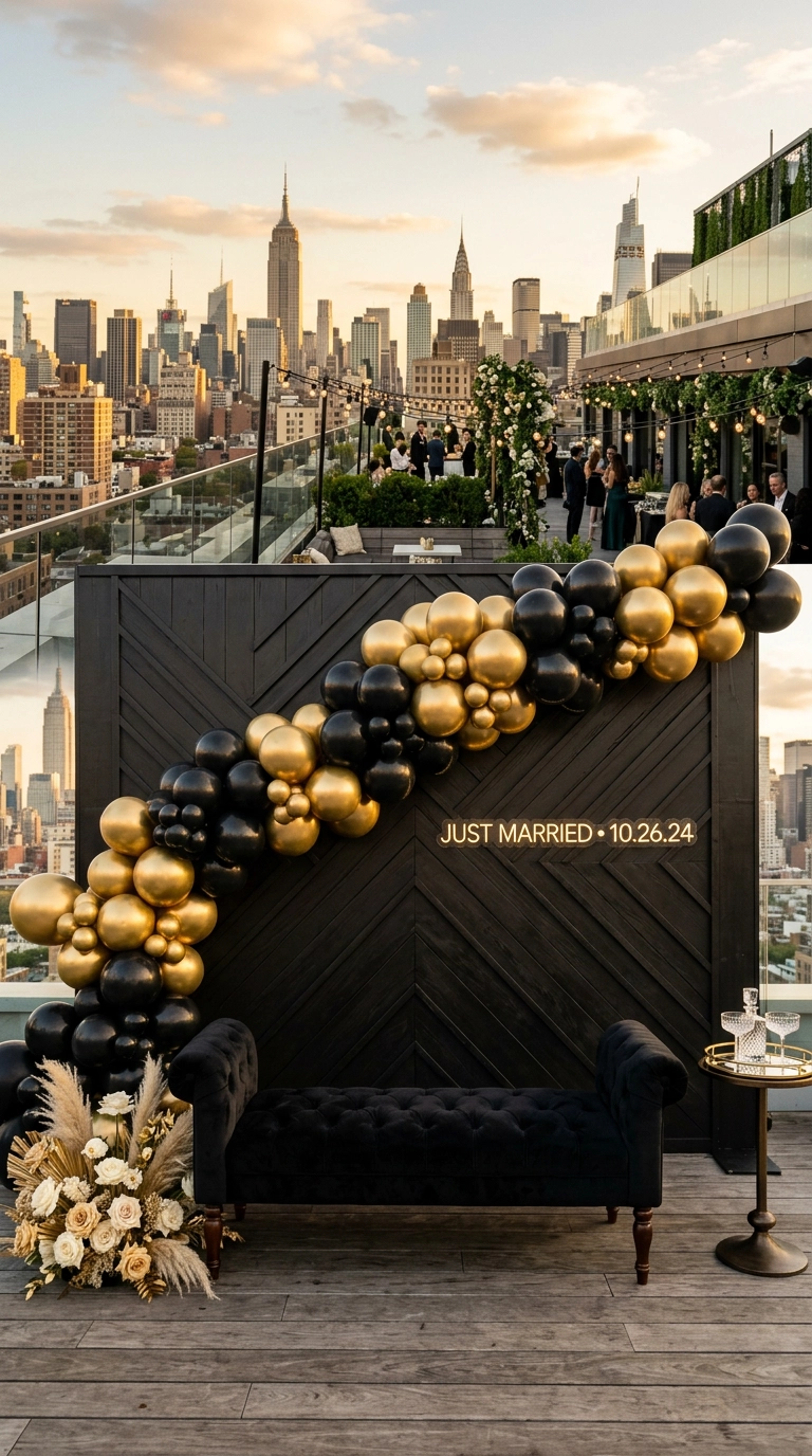 Gold and black metallic balloon garland arranged in a zigzag geometric pattern