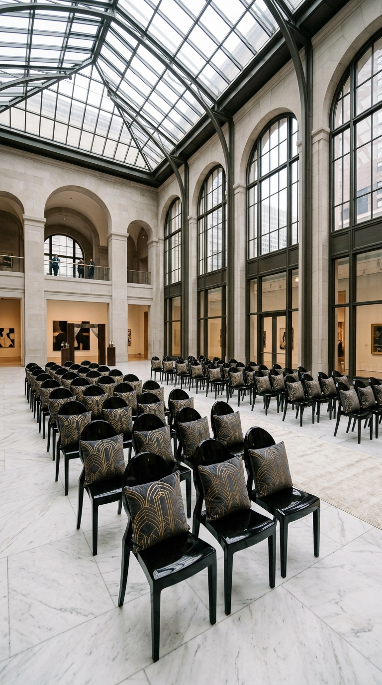 Black lacquer ceremony chairs with gold geometric cushions arranged in rows