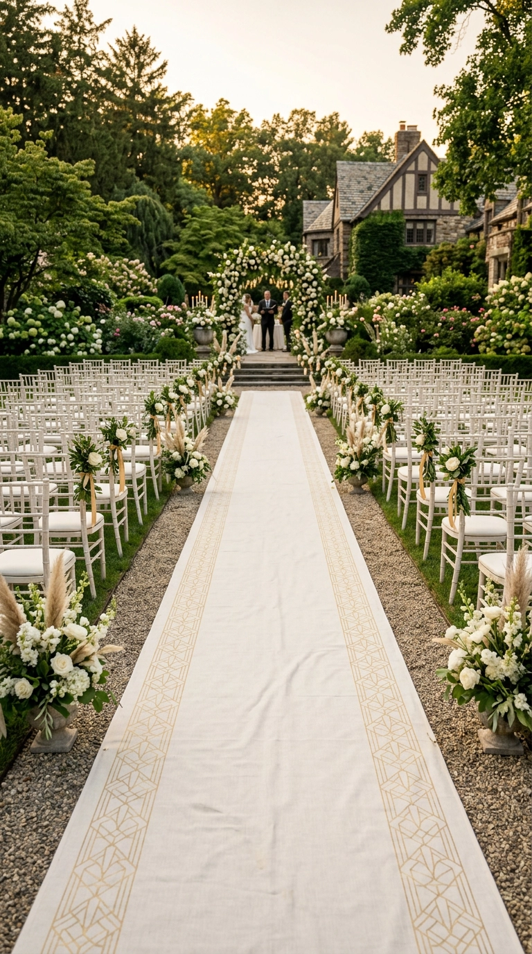 Ivory aisle runner with a gold geometric border pattern in a garden ceremony