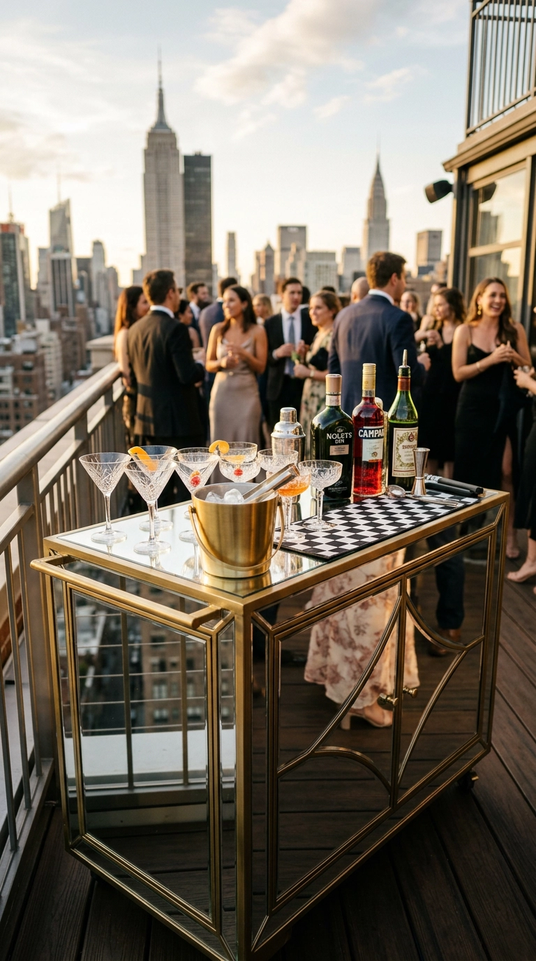 Mirrored art deco bar cart with brass trim at a rooftop cocktail hour