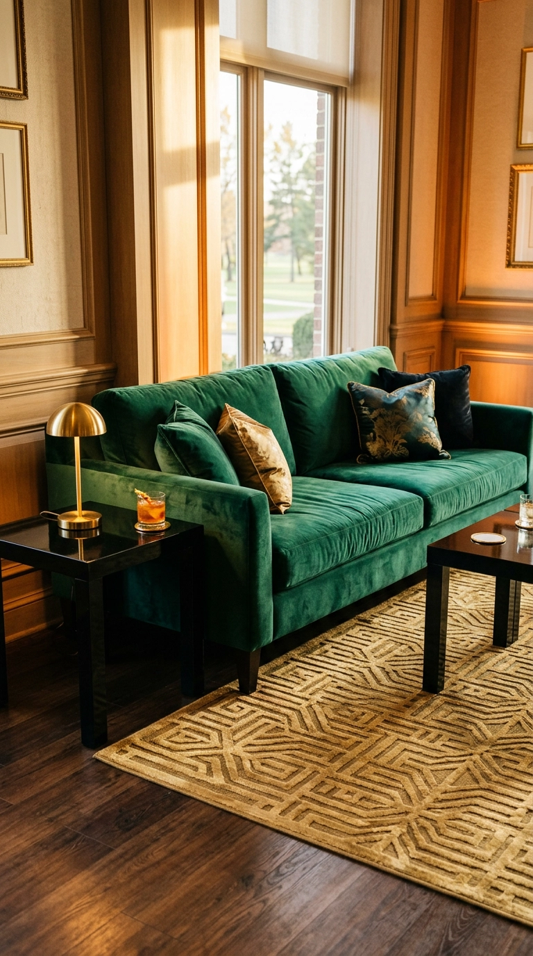 Emerald velvet lounge sofa with black lacquer side tables at cocktail hour