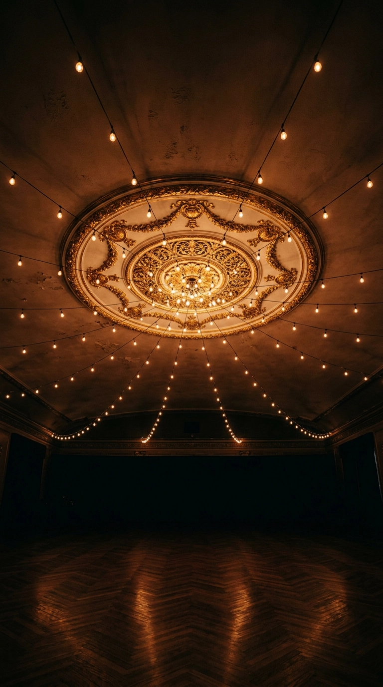Ceiling medallion accented with gold leaf detailing above a ballroom dance floor