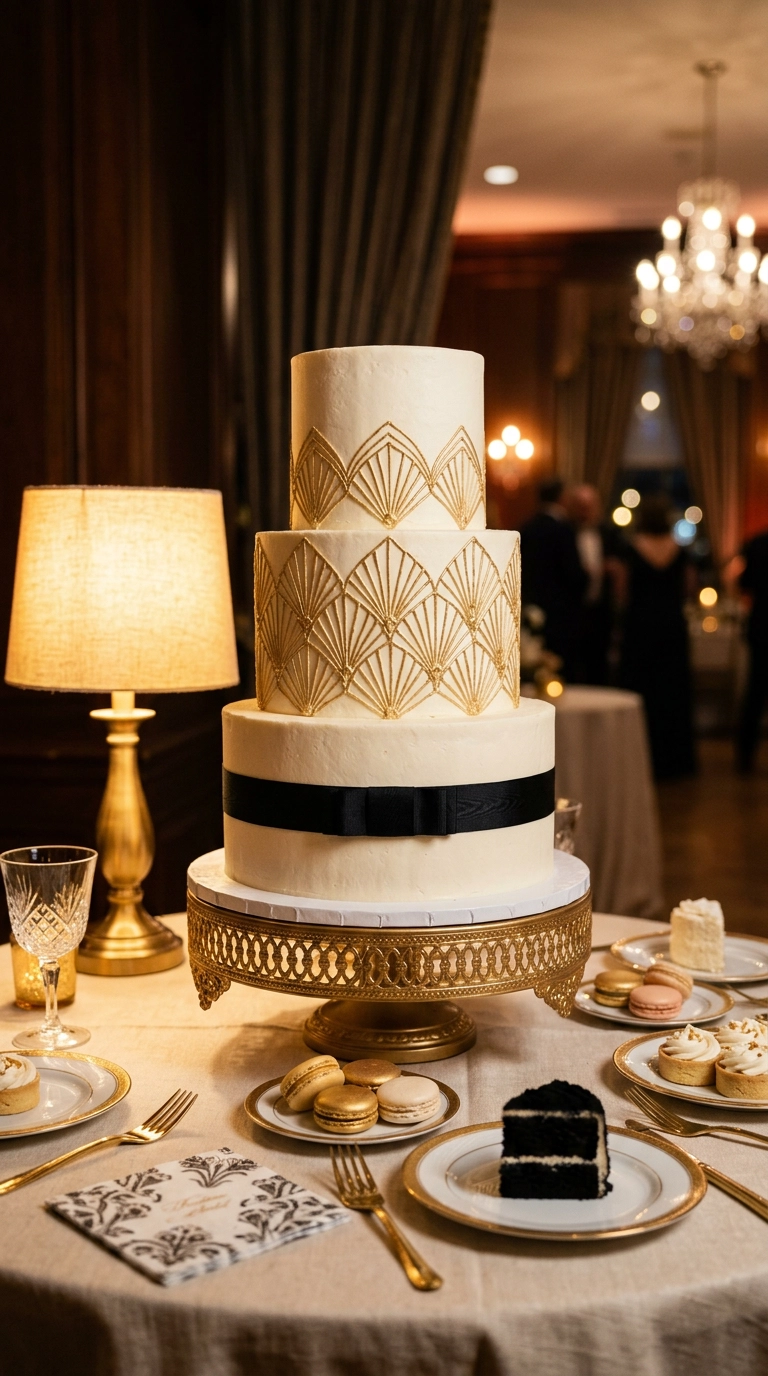 Three-tier ivory wedding cake with gold geometric fan piping and a black ribbon band