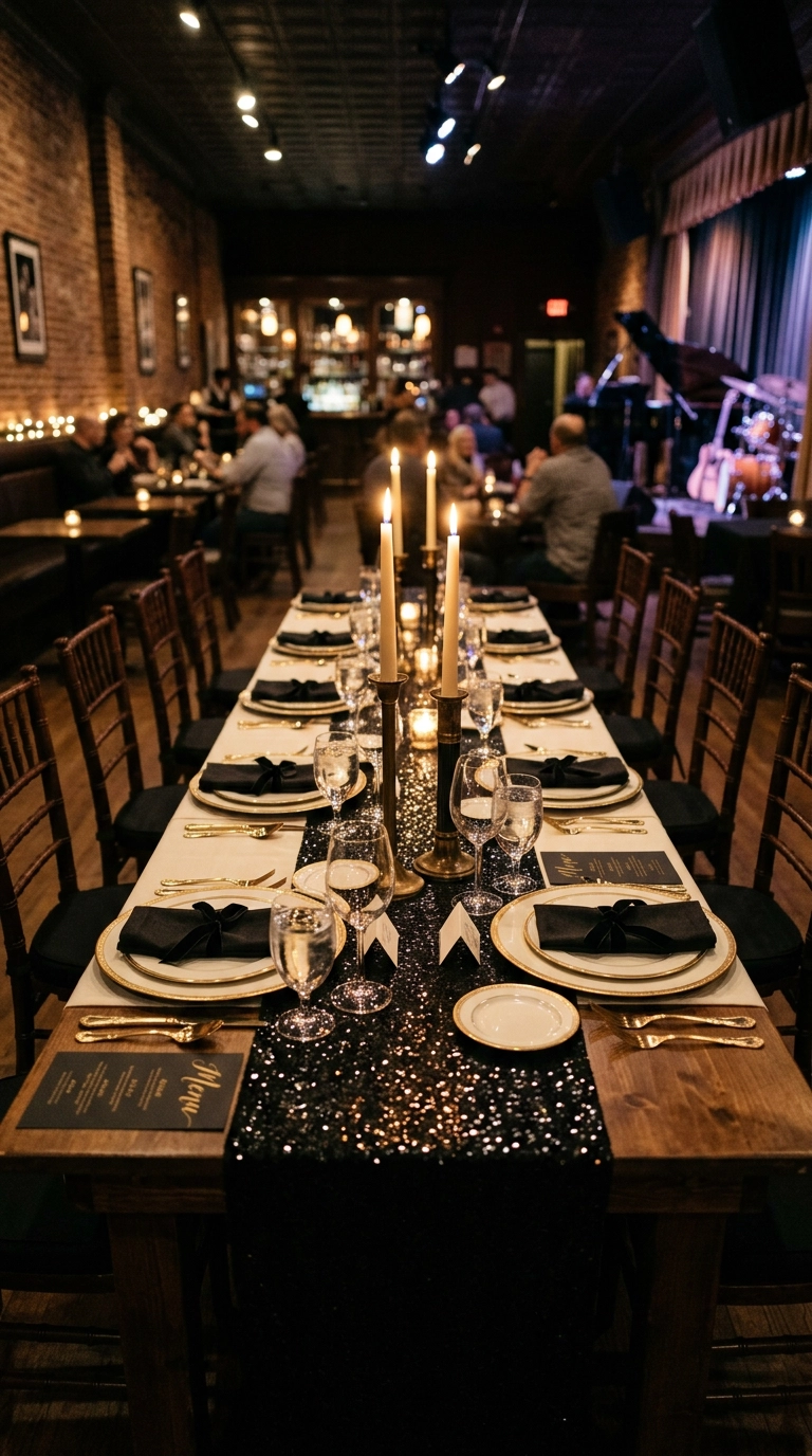 Black sequin table runner catching candlelight on a reception table