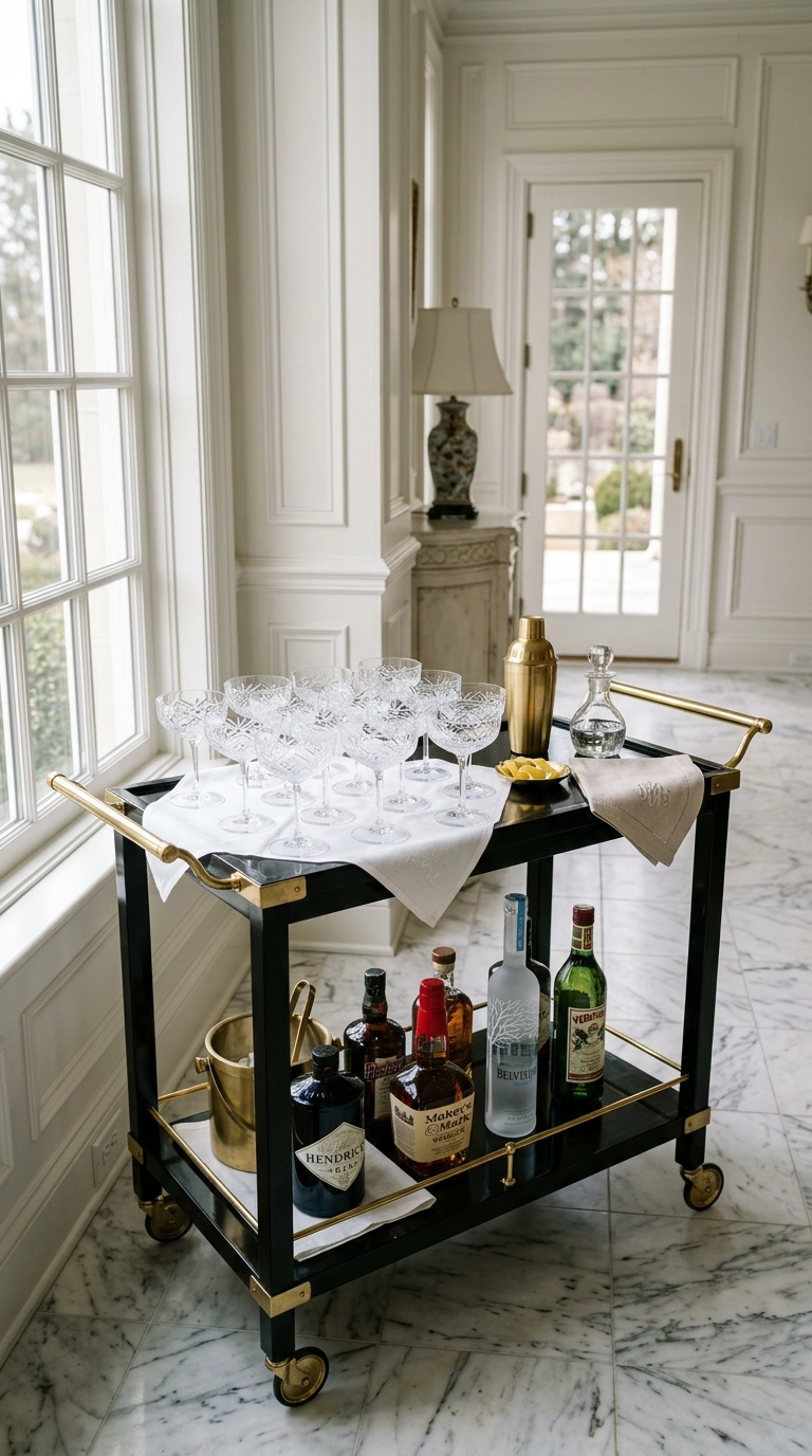 Black lacquer bar cart with etched geometric coupe glasses at cocktail hour