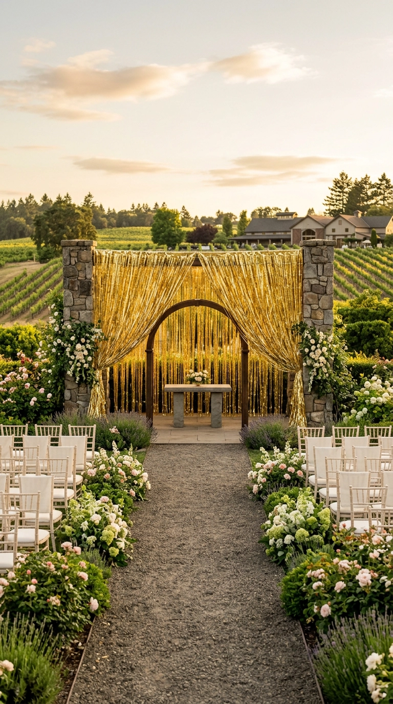 Gold metallic fringe curtain ceremony backdrop between two garden columns