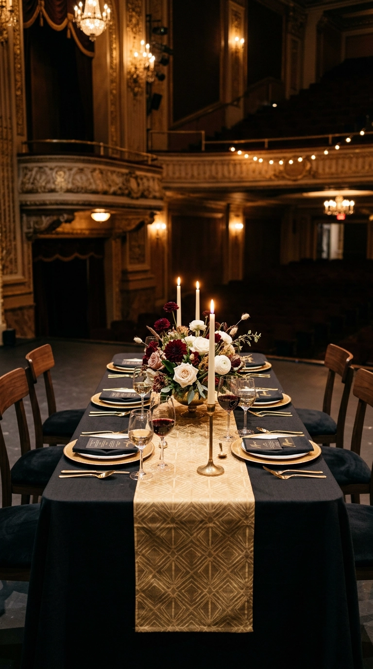 Black and gold tablescape with a geometric table runner and gold charger plates