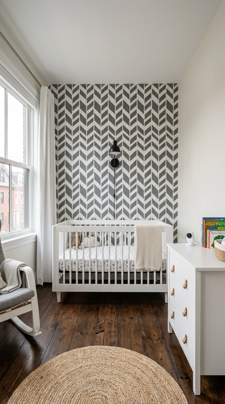 Nursery accent wall with bold grey and white geometric wallpaper