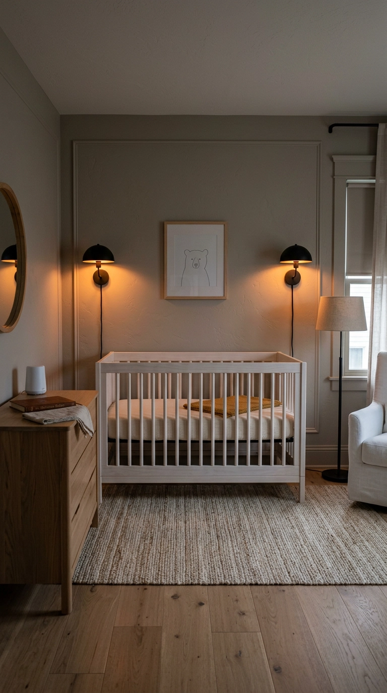 Two black dimmable sconces flanking a crib against a warm grey wall