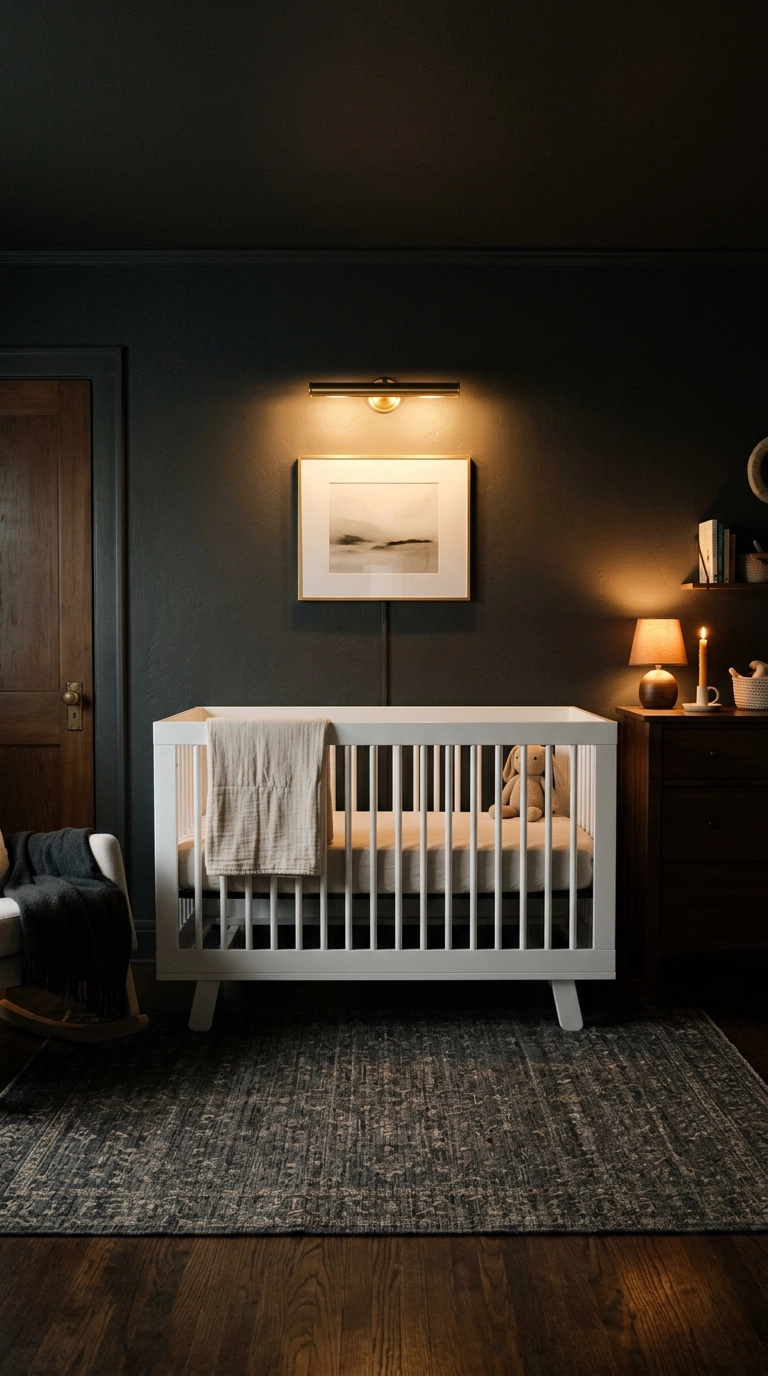 Moody charcoal grey nursery with a white crib as the single bright focal point