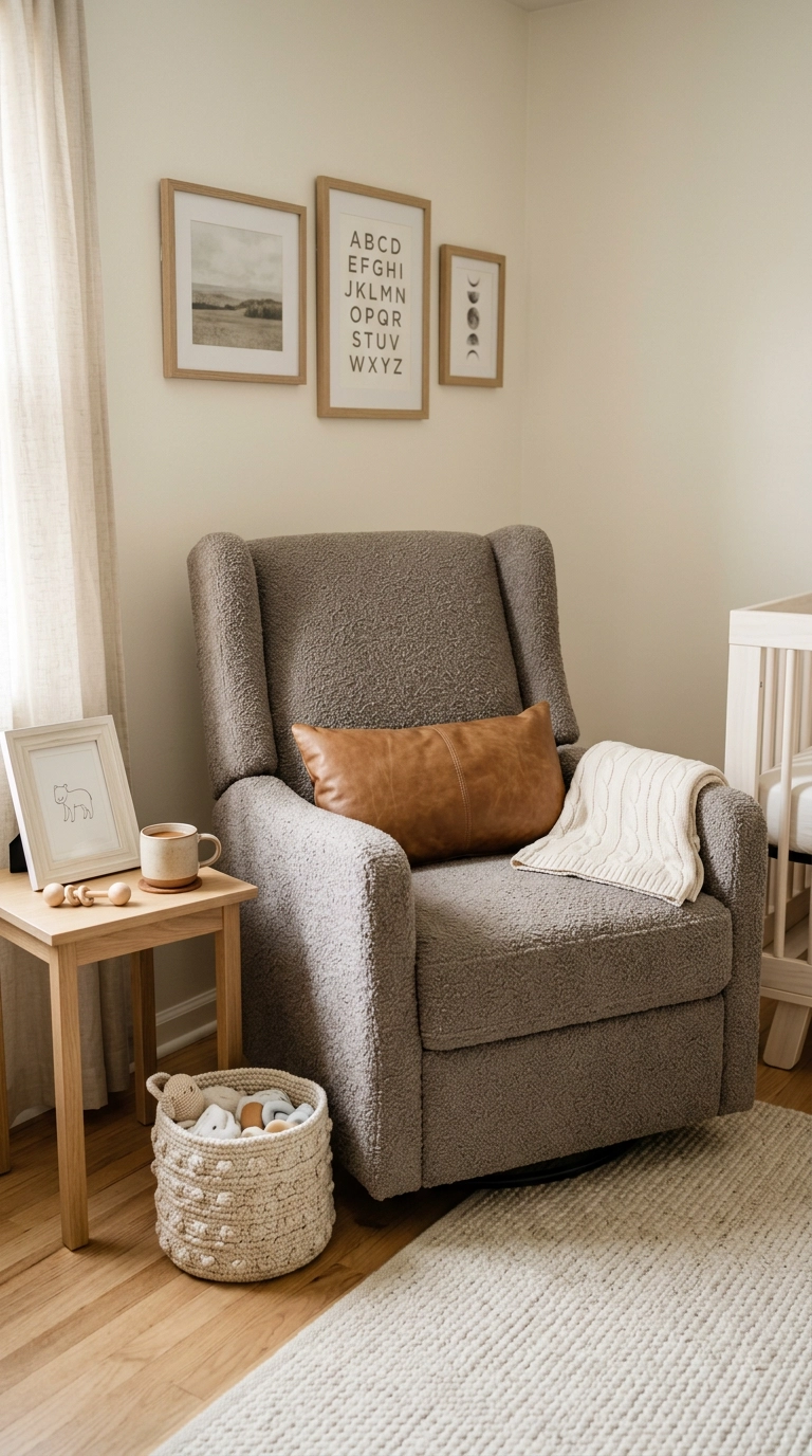 Warm grey boucle glider chair with a single lumbar pillow in a nursery