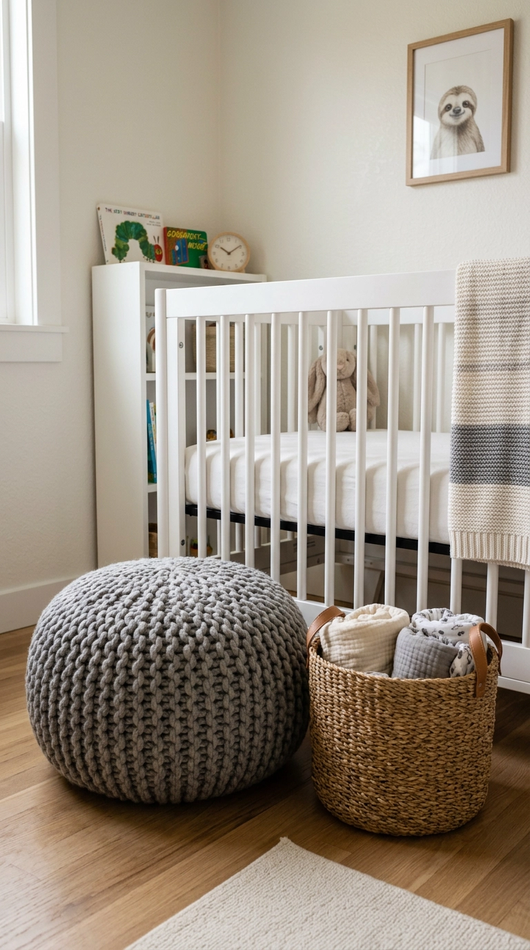 Nursery corner with a chunky grey knit pouf and a woven storage basket