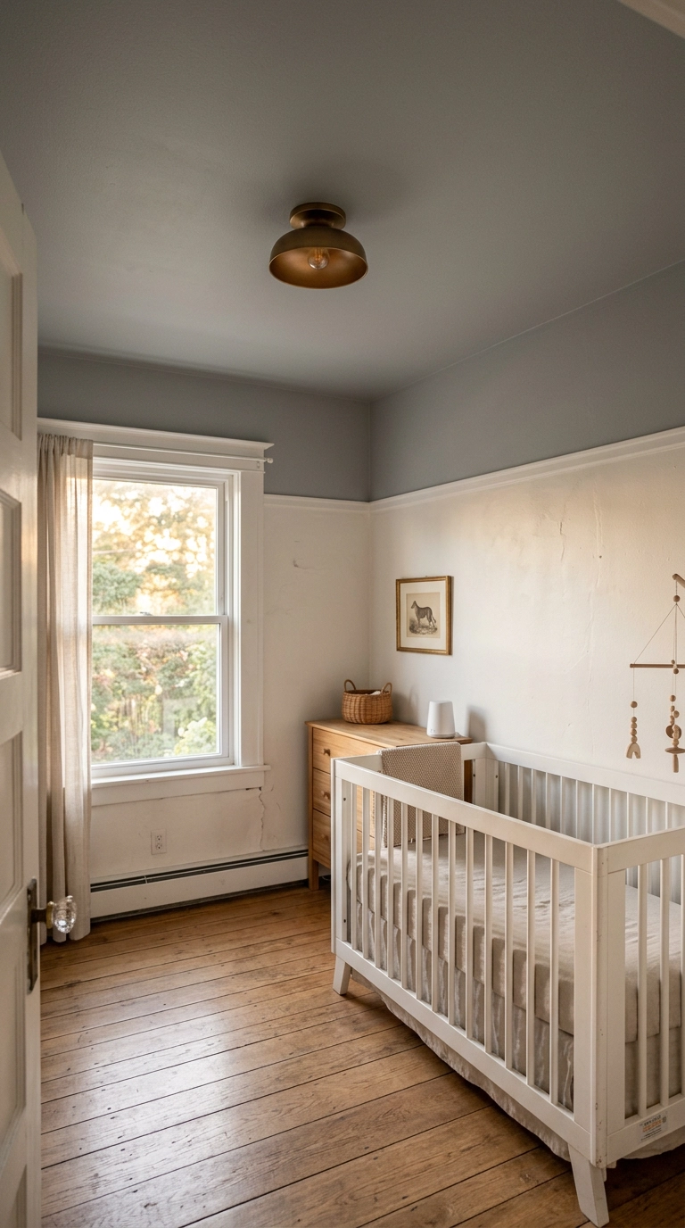 Small nursery with a soft dove grey ceiling color-drenched to meet the walls