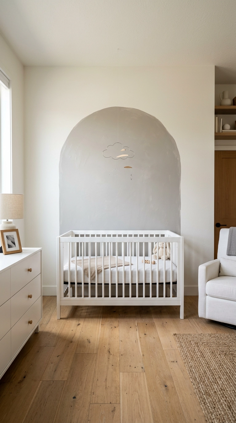 Nursery with a soft grey painted arch mural on the wall behind the crib