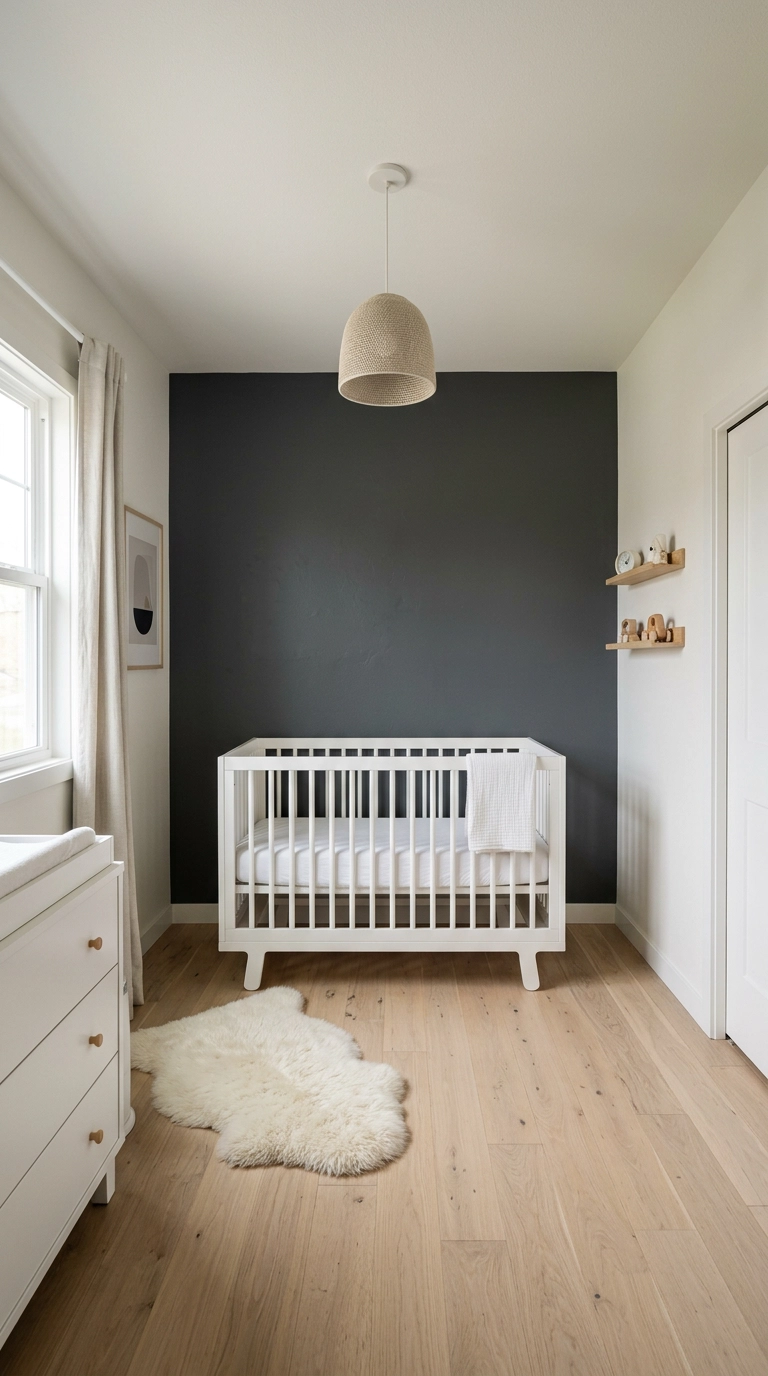 Nursery with a charcoal grey accent wall behind an empty white crib