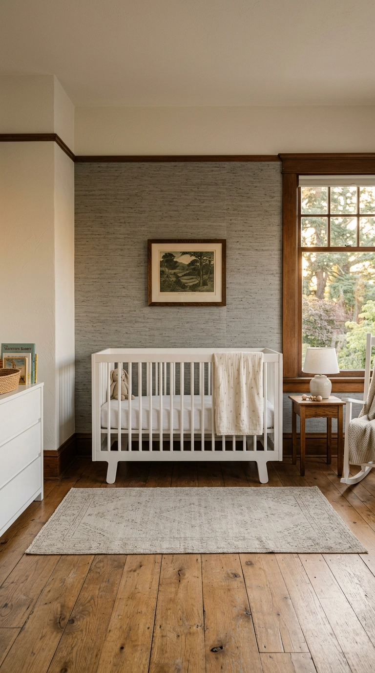Nursery accent wall covered in natural grey grasscloth wallpaper