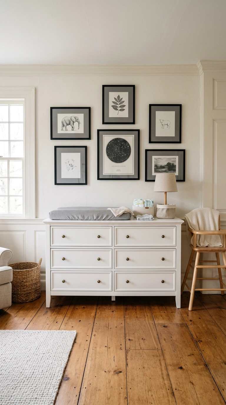 Gallery wall of grey-matted black frames above a nursery dresser