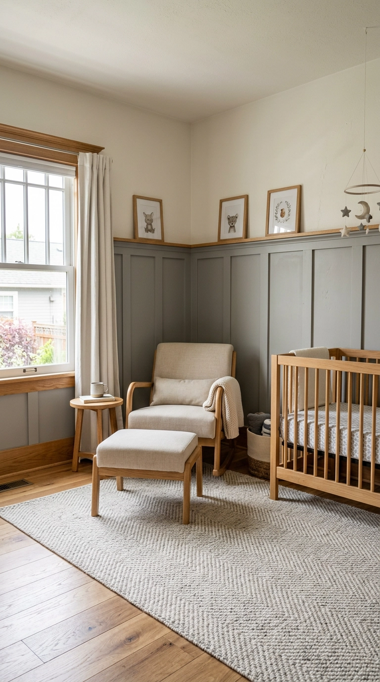 Nursery with dove grey board and batten molding on the lower half of the wall