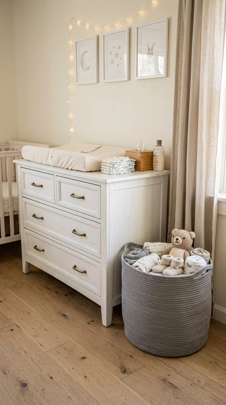 Grey woven storage basket beside a nursery changing table