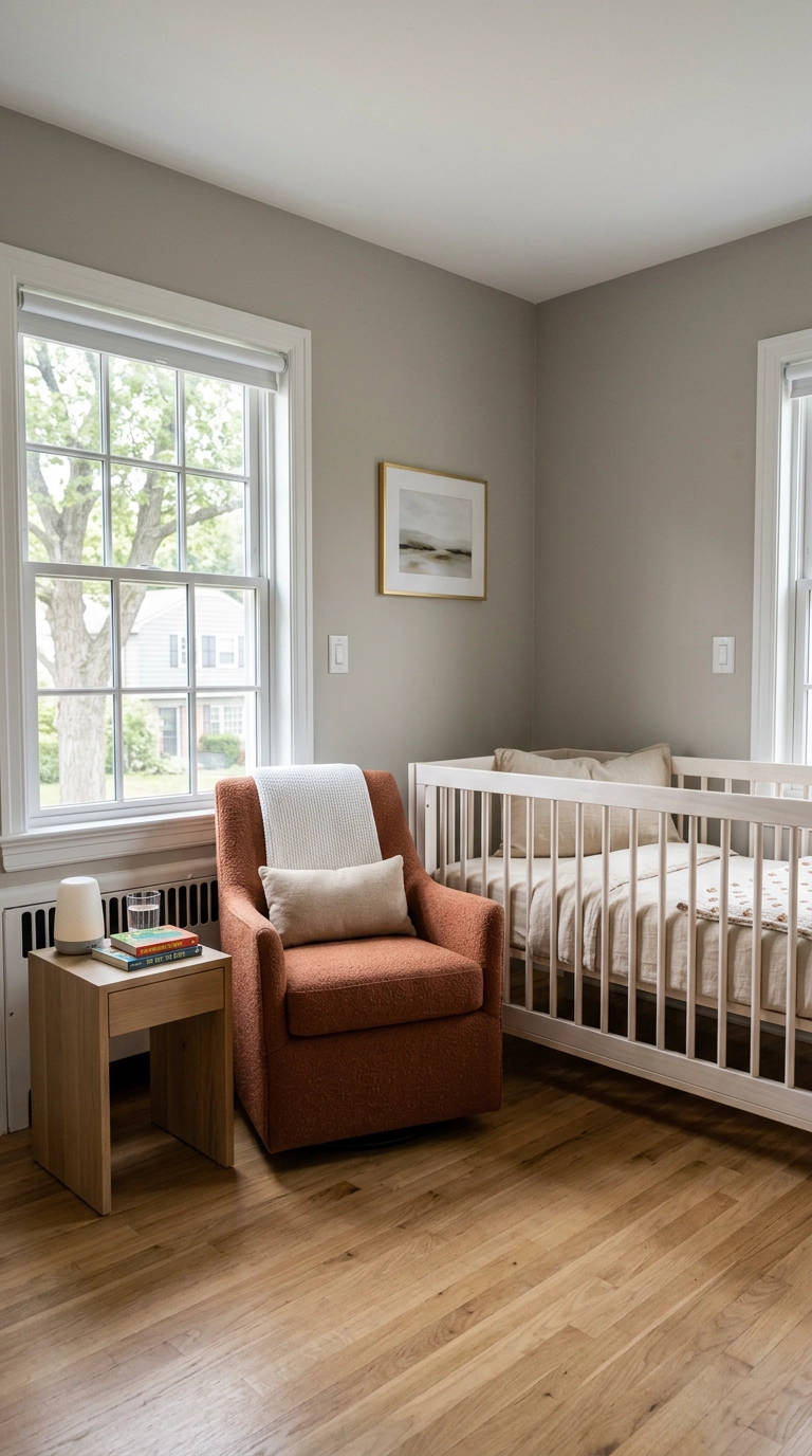 Modern nursery with warm grey walls and a terracotta accent chair