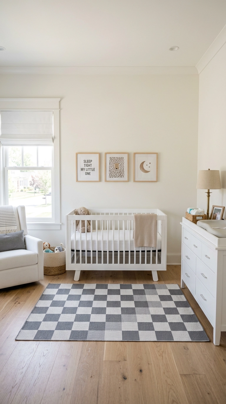 Nursery with a grey and white checkerboard patterned rug beneath the crib